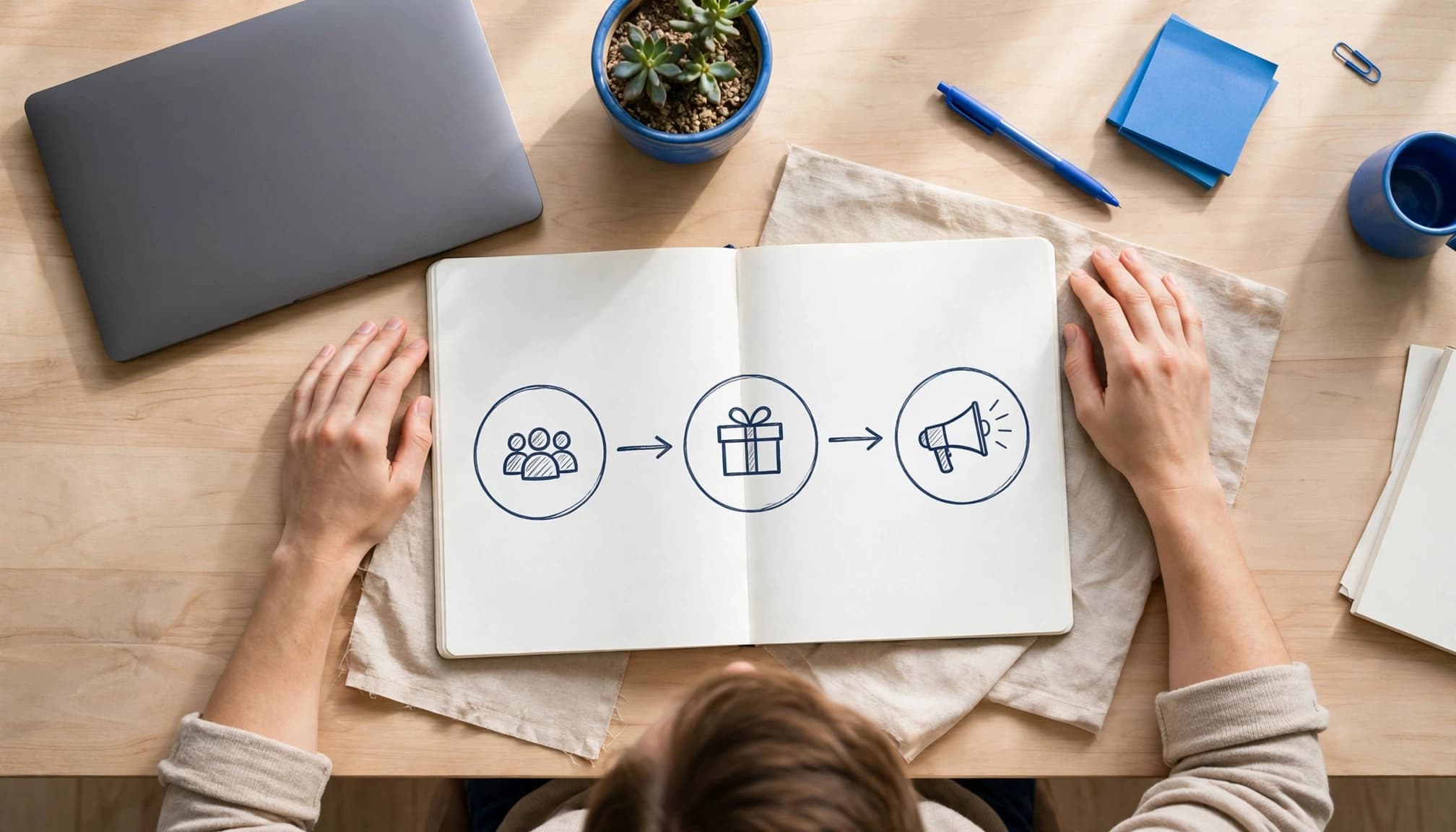 A person sits beside an open planning notebook, closed laptop, blue accessories, and a small plant.