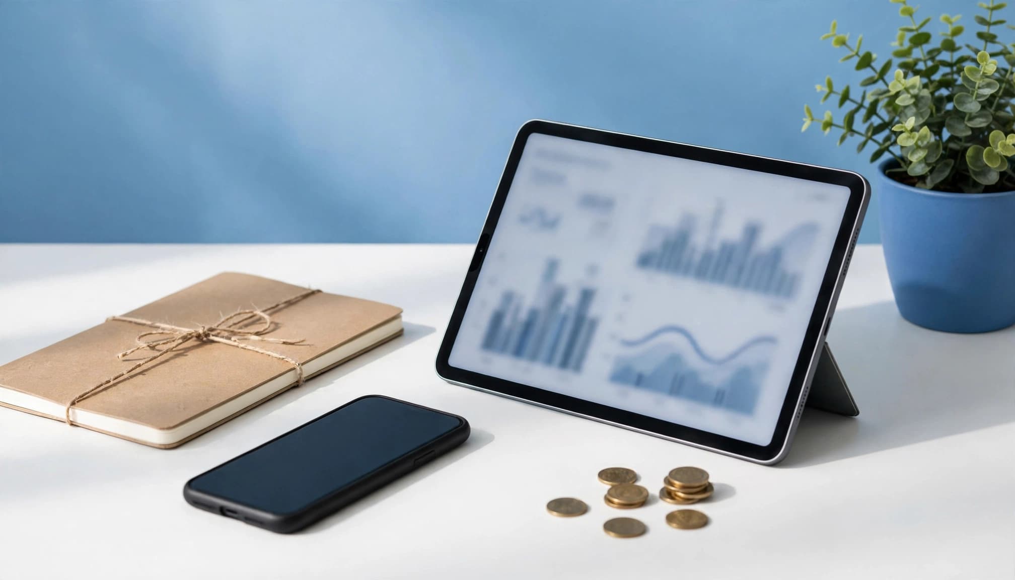 A notebook, smartphone, tablet chart, and a few coins on a white tabletop.