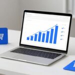 A laptop with rising graphs sits beside crossed-off software tools and one blue-highlighted option.